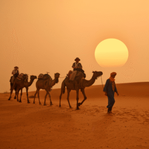 sunset camel trekking in the Sahara desert in Morocco